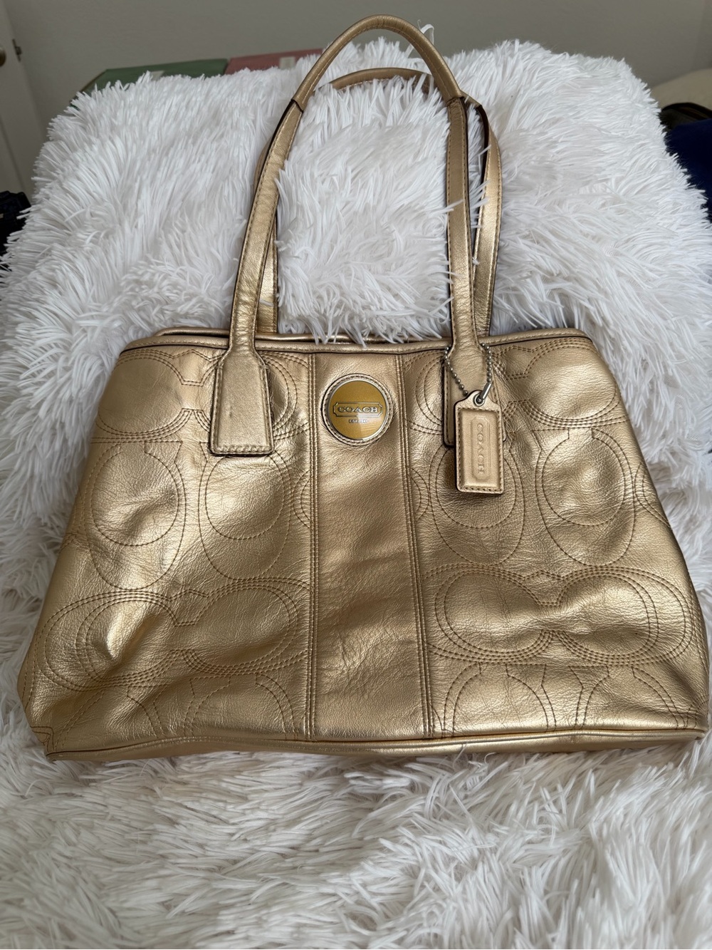 Coach Vintage Signature Stitch Metallic Gold Leather Kiss-Lock Tote F18879
